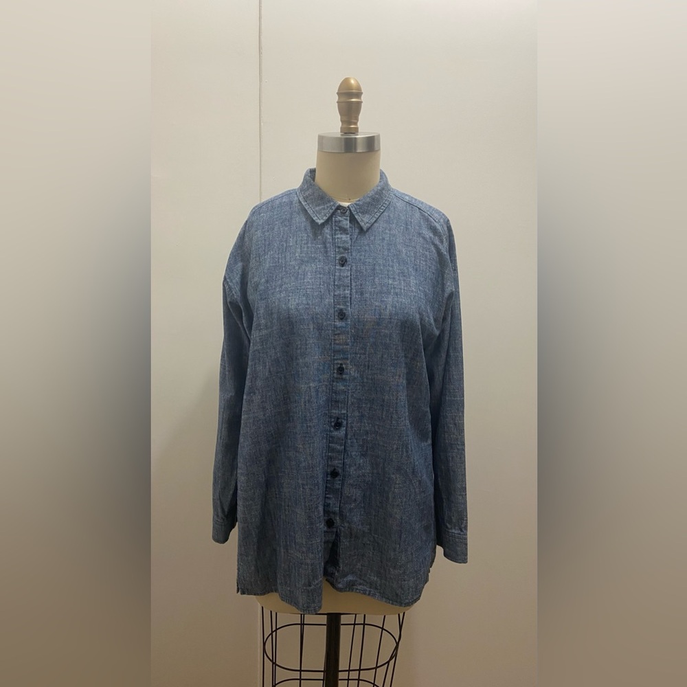 Eileen Fisher Hemp and Cotton Casual Blue Button Down Shirt Small